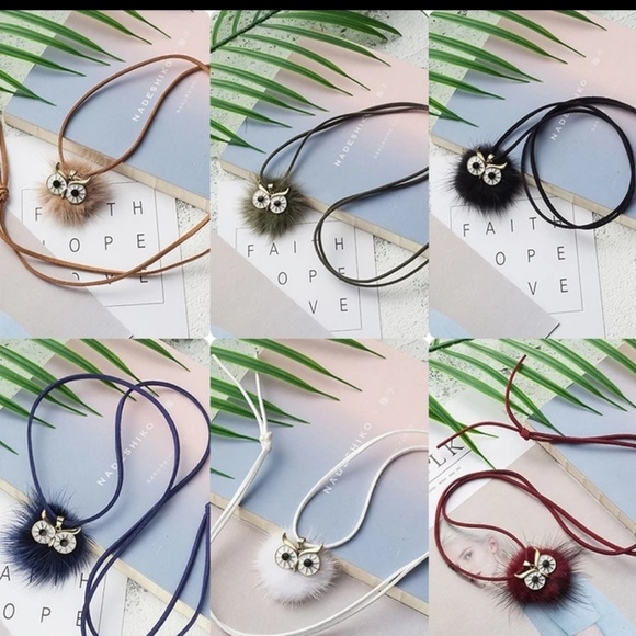 Real Fur Pom Pom Owl Long Necklace Suade - Picture 4 of 6